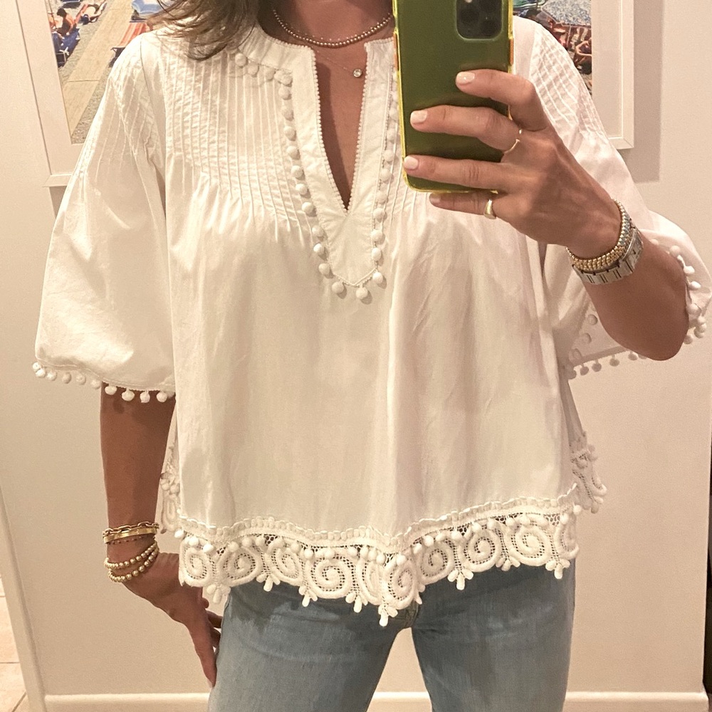 Derek Lam 10 Crosby White Detailed Pom Pom Blouse